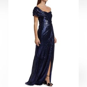 Badgley Mischka Blue Sequin Floor Length Gown